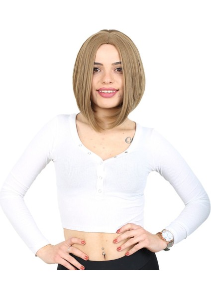 Kahkülsüz Düz Kısa Fiber Sentetik Peruk / Bebek Kumralı