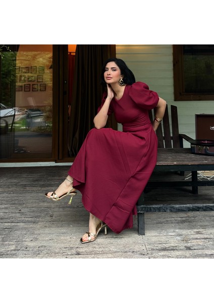 Karpuz Kollu Midi Boy Elbise