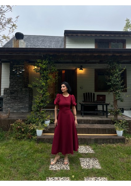 Karpuz Kollu Midi Boy Elbise