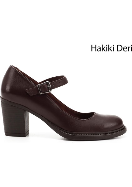 Kadın Kahve Kalın Topuklu Mary Jane Hakiki Deri Ayakkabı