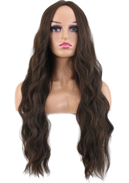 Uzun Su Dalgası Fiber Sentetik Peruk / Koyu Kumral