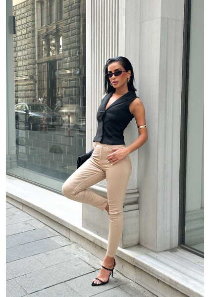 Kadın Bej Süper Skinny Fit Esnek Likralı Yüksek Bel Jean Kot Pantolon JENNİE-2005