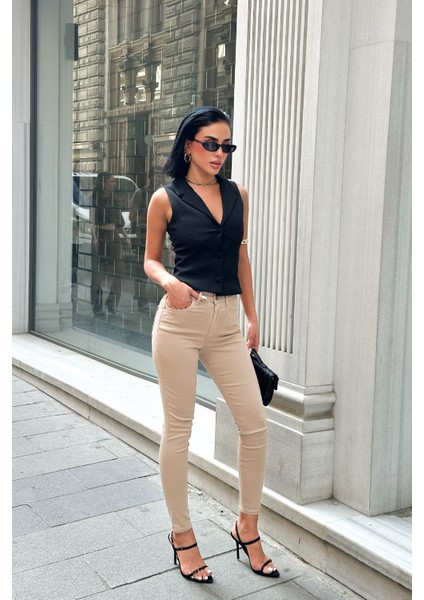 Kadın Bej Süper Skinny Fit Esnek Likralı Yüksek Bel Jean Kot Pantolon JENNİE-2005 fırsatları