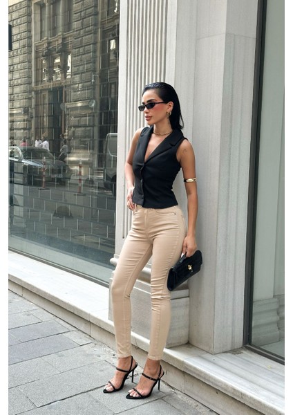 Kadın Bej Süper Skinny Fit Esnek Likralı Yüksek Bel Jean Kot Pantolon JENNİE-2005 indirimleri