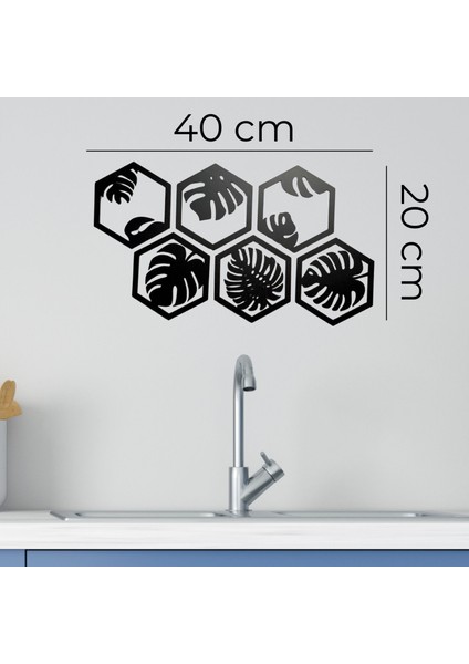 6 Parça Siyah Ahşap Deve Tabanı Bitkisi Desenli Altıgen Duvar Süsü - Modern Dekorasyon, 40X20 Cm"