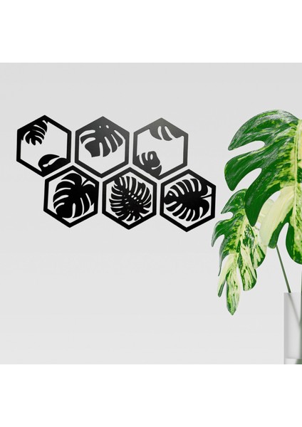 6 Parça Siyah Ahşap Deve Tabanı Bitkisi Desenli Altıgen Duvar Süsü - Modern Dekorasyon, 40X20 Cm" fiyatları