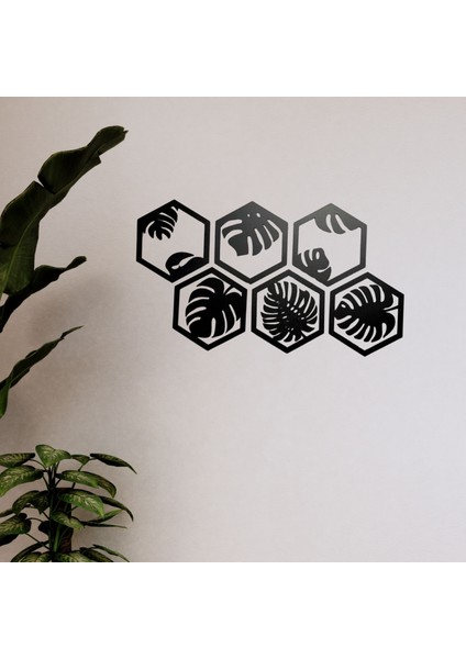 6 Parça Siyah Ahşap Deve Tabanı Bitkisi Desenli Altıgen Duvar Süsü - Modern Dekorasyon, 40X20 Cm" modelleri