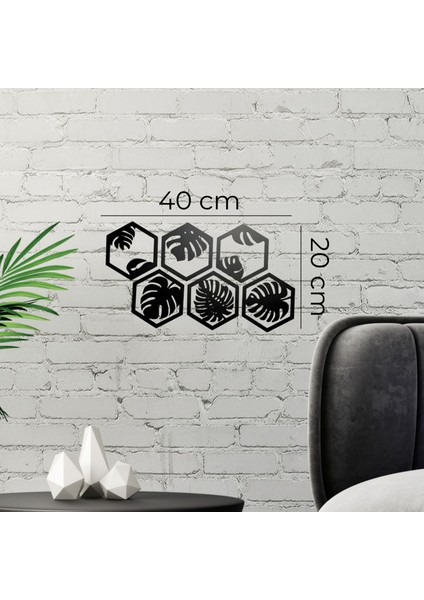 6 Parça Siyah Ahşap Deve Tabanı Bitkisi Desenli Altıgen Duvar Süsü - Modern Dekorasyon, 40X20 Cm" fırsatları