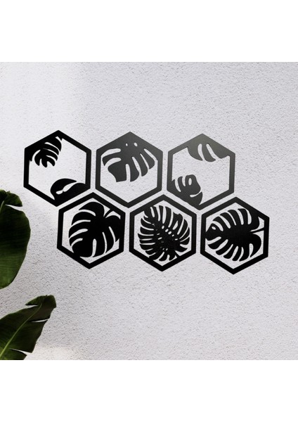 6 Parça Siyah Ahşap Deve Tabanı Bitkisi Desenli Altıgen Duvar Süsü - Modern Dekorasyon, 40X20 Cm" indirimleri