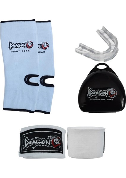 41280 Muay Thai Ayak Çorabı 3,5 Metre Beyaz Bandaj ve Profesyonel Şeffaf Dişlik 3'lü Set