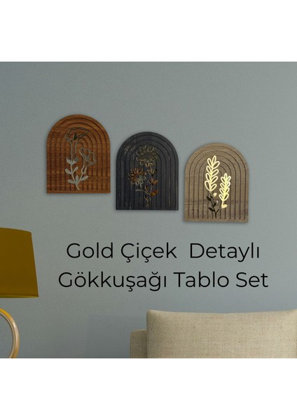 Gold Çiçek Detaylı Ahşap Gökküşağı Duvar Tablo Seti – 70X25 cm Dekoratif Ev Ofis Süsleme fiyatları