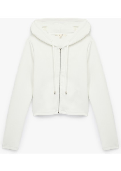 Uzun Kollu Viskon Karışımlı Kapüşonlu Tam Fermuarlı Sweatshirt