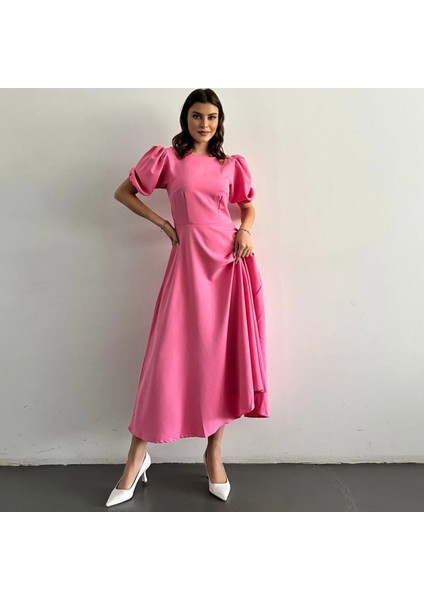 Karpuz Kollu Midi Boy Elbise