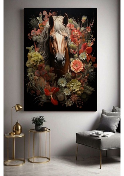 Çiçekler ve At Ev Duvar Salon Güzellik Salonu Ofis Dükkan Dekarasyon Kanvas Tablo