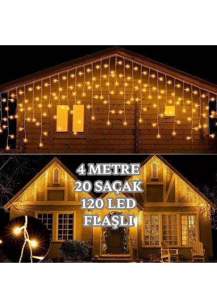 4 Metre 20 Saçaklı 120 LED Flaşlı Ekleme Fişli Iç Mekan Aydınlatma Dekor Işık