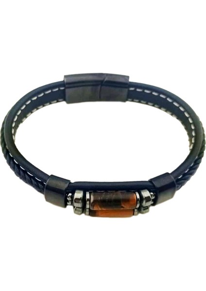 316L Paslanmaz Çelik Kaplangözü Doğaltaşlı Deri Erkek Bileklik