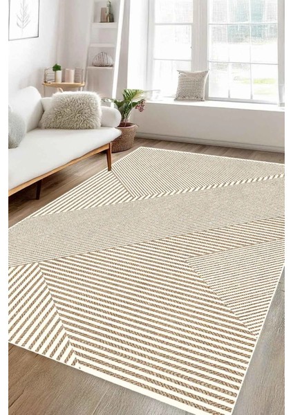 Dijital Kaymaz Yıkabilir Vizon Bej Modern Çizgili Salon Halısı Mutfak Halısı Yolluk DC-7343