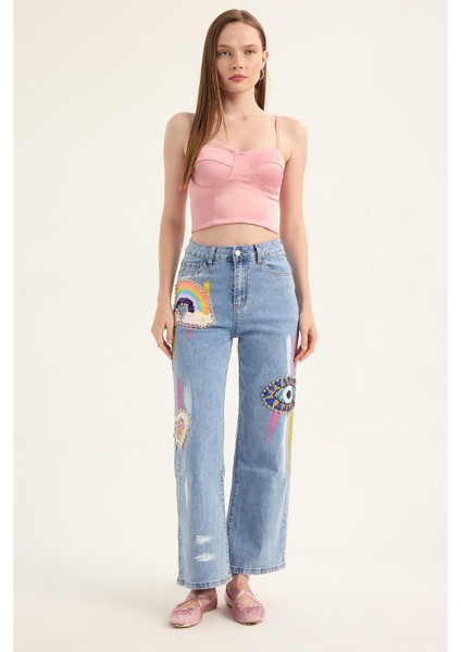 Renkli Payetli Jean Pantolon