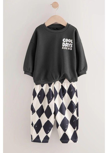 Erkek Çocuk 3 Iplik Kumaş Slogan Baskılı Sweatshirt ve Dama Baskılı Eşofman Altı Alt Üst Takım