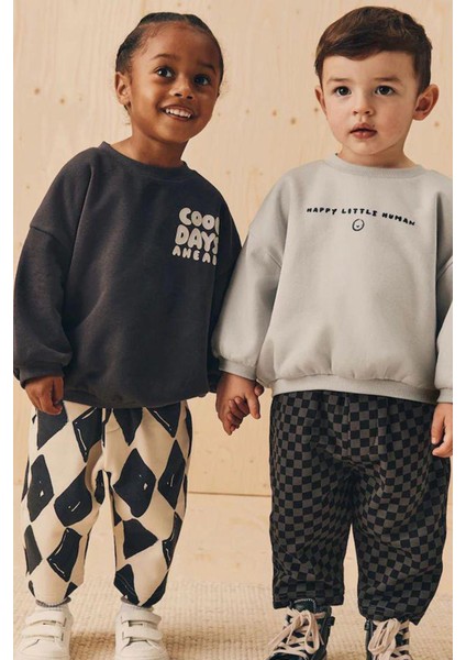 Erkek Çocuk 3 Iplik Kumaş Slogan Baskılı Sweatshirt ve Dama Baskılı Eşofman Altı Alt Üst Takım fiyatları