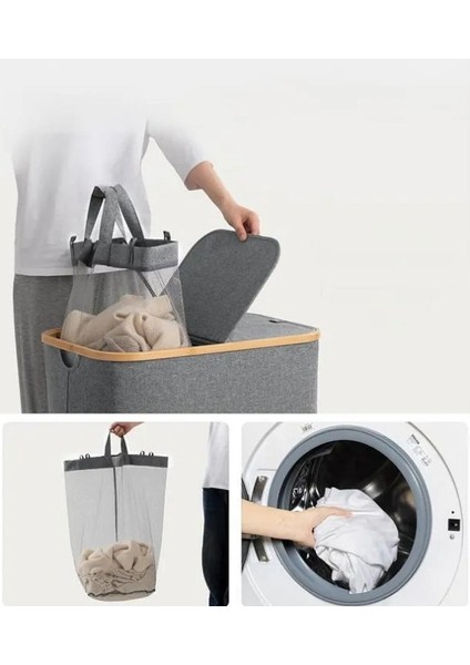 Katlanır Kumaş 100 Lt Bambu Çamaşır Sepeti 2 Bölmeli Içi Fileli Kirli Çamaşır Sepeti indirimleri