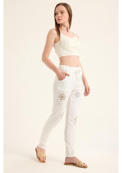 Taşlı Çiçek Motifli Pantolon modelleri