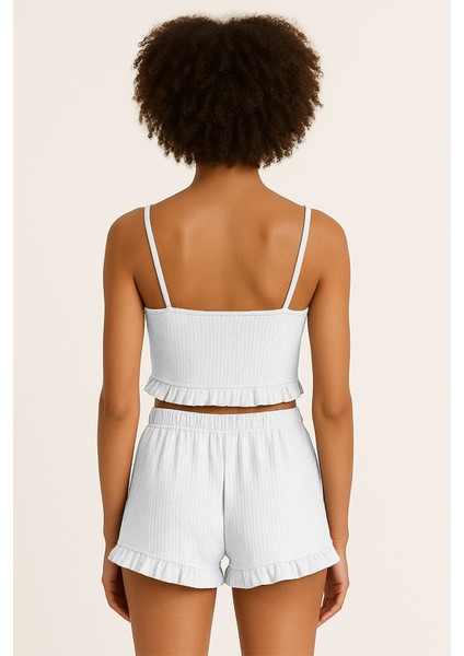 Pamuklu Iğne Çıkarmalı Ince Askılı Crop Atlet Paçası Fırfırlı Şort Kadın Pijama Takımı fiyatları
