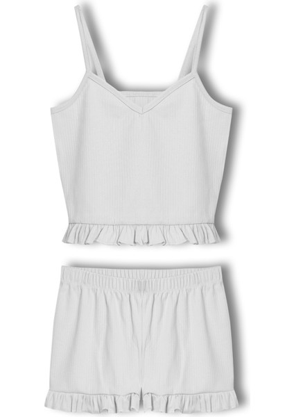 Pamuklu Iğne Çıkarmalı Ince Askılı Crop Atlet Paçası Fırfırlı Şort Kadın Pijama Takımı fırsatları