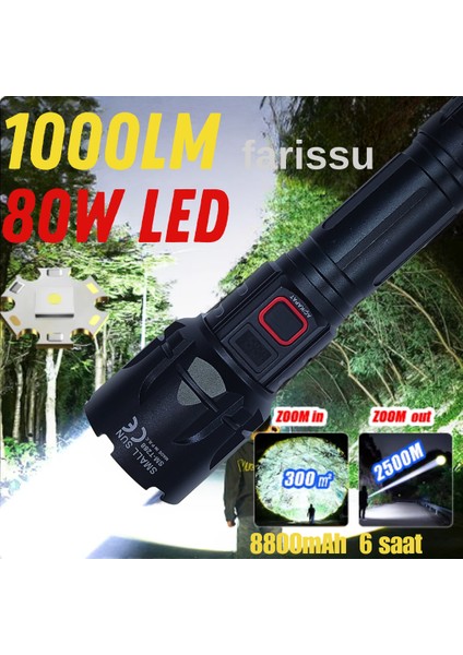 SMALL SUN SM-T288 80W 1000 Lümen 26800 Model 8800 mah pil 1 ile 1,5 Km Menzilli Şarjlı El Feneri