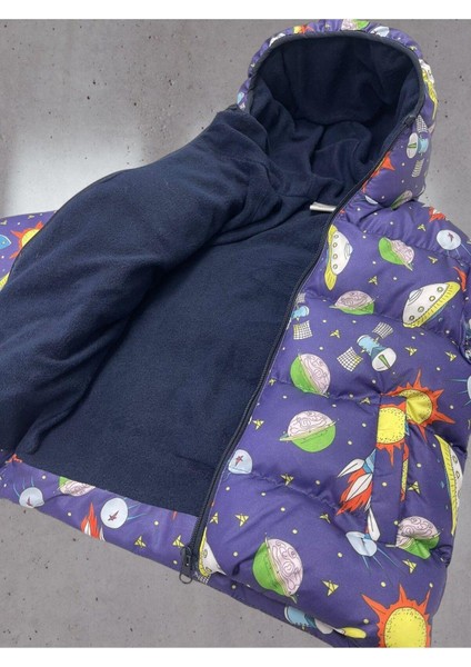 Spor Erkek Çocuk Polarlı Kapüşonlu Desenli Kışlık Şişme Mont modelleri