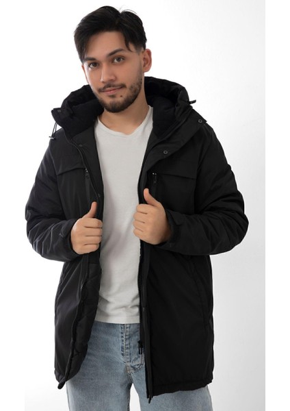 Spor Erkek Polarlı Kürklü Su ve Rüzgar Geçirmez Kapüşonlu Kışlık Mont & Kaban & Parka