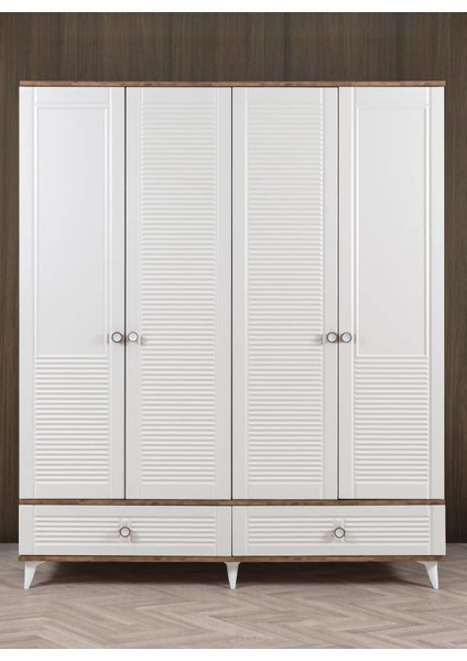 Evimşah Panjurlu 4 Kapaklı Membran Ceviz / Beyaz Dolap