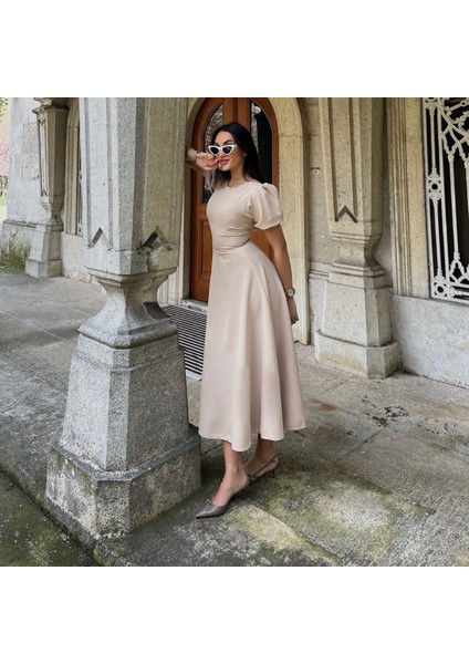 Karpuz Kollu Midi Boy Elbise