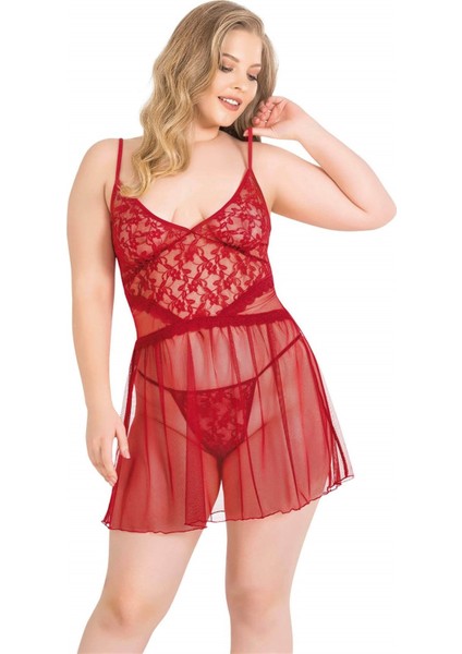 Lesca Büyük Beden Kırmızı Kısa Tül Gecelik