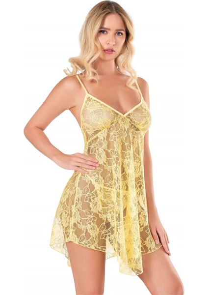 Lesca Sarı Kısa Tül Gecelik