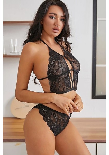 Kadın Siyah Dantel Çapraz Ipli Bralet Sütyen Takım