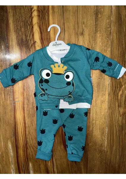 3-12 Aylık Kurbağa Desenli Üçlü Takım Koyumavi