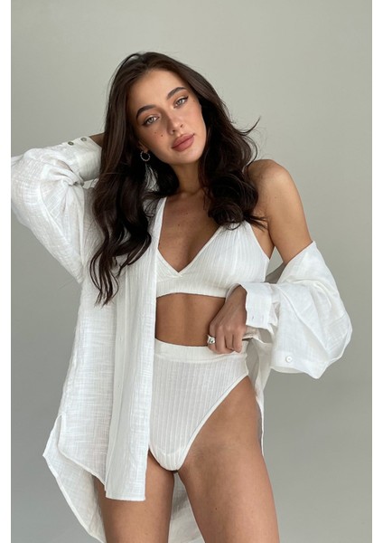 Kadın Beyaz Yüksek Bel Dolgusuz Slip Takım