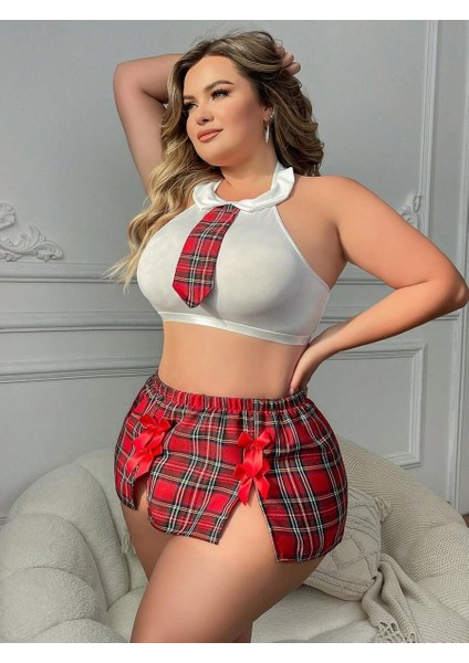 Özel Tasarım Büyük Beden Ekoseli Kravatlı Fantezi Liseli Kostümü modelleri