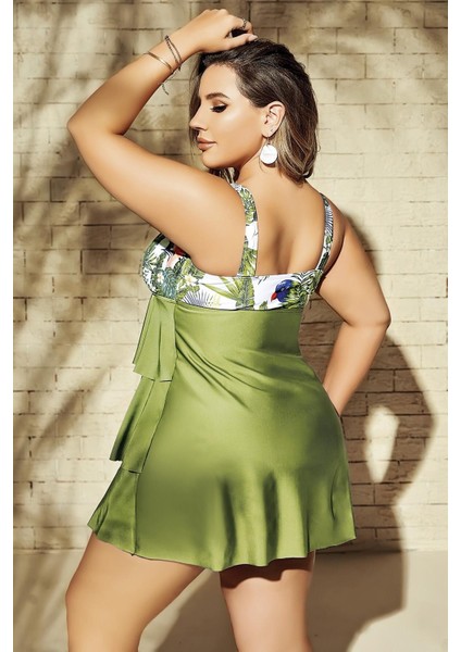 Büyük Beden Yeşil Fırfırlı Yaprak Desenli Kalın Askılı Gecelik fiyatları