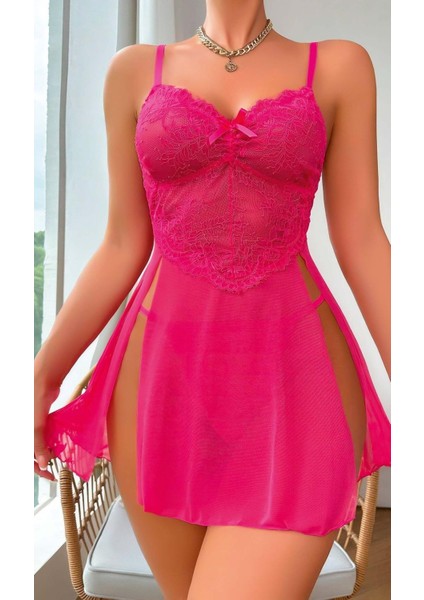 Fuşya Dantel Işlemeli Transparan Fantezi Tül Gecelik