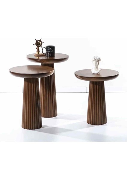 Ceviz Renk Masif Ahşap Mantar Sehpa 3’lü – Modern Zigon Fiskos Takımı modelleri