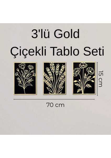 3’lü Gold Pleksi Çiçekli Siyah Ahşap Dekoratif Tablo Seti - Modern Duvar Süsü