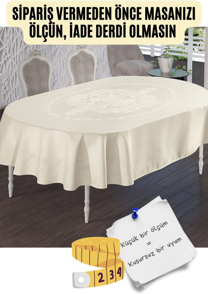 Oval Krem Renk Masa Örtüsü – Su Itici, Leke Tutmaz, Yıkanabilir %100 Polyester Jakarlı Oval Masaörtüsü