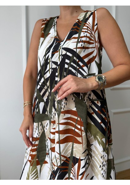 Kahve - Yeşil Kolsuz Midi Elbise