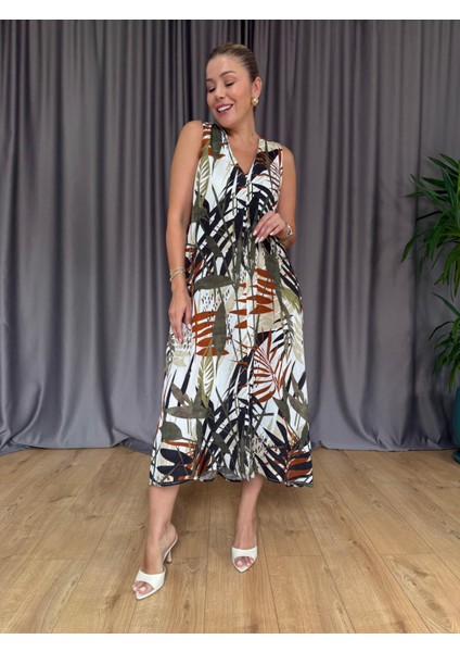 Kahve - Yeşil Kolsuz Midi Elbise fiyatları