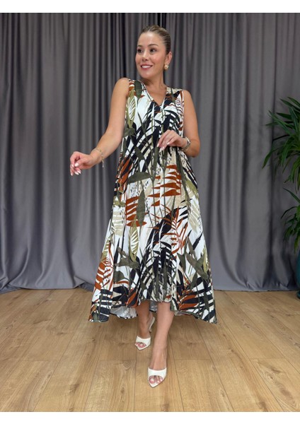 Kahve - Yeşil Kolsuz Midi Elbise modelleri