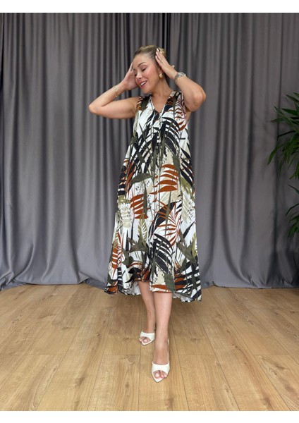 Kahve - Yeşil Kolsuz Midi Elbise fırsatları