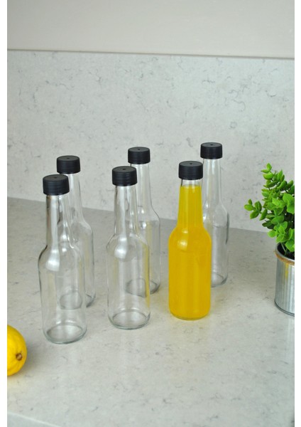 6'lı Cam Şeffaf 250 ml Süt, Ayran, Limonata, Meşrubat Şişesi Plastik Kapaklı Boş Şişe