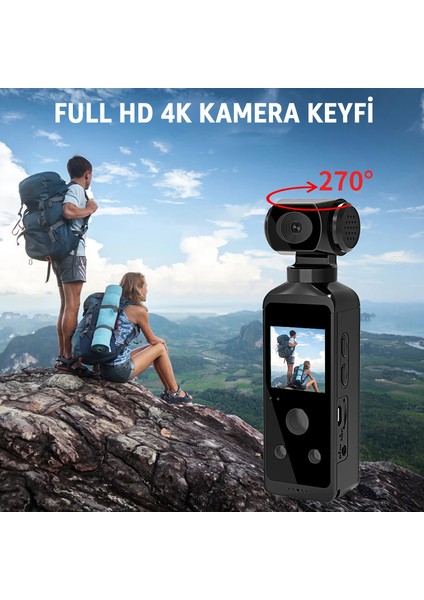 4K Ultra Hd Aksiyon Kamerası – 270° Geniş Açı - Döner Klips - Su Geçirmez Kılıf - Wifi Kamera - Mikrofon - Micro Sd Uyumlu modelleri